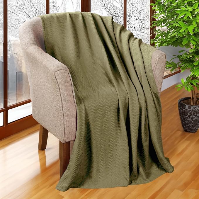 Superior Metro All-Season Cotton Blanket, Woven Blanket for Couch, Bed, Bedding, Farmhouse, Home Essentials, Cute and Cozy Bohemian Blankets, Herringbone Weave, King, Sage