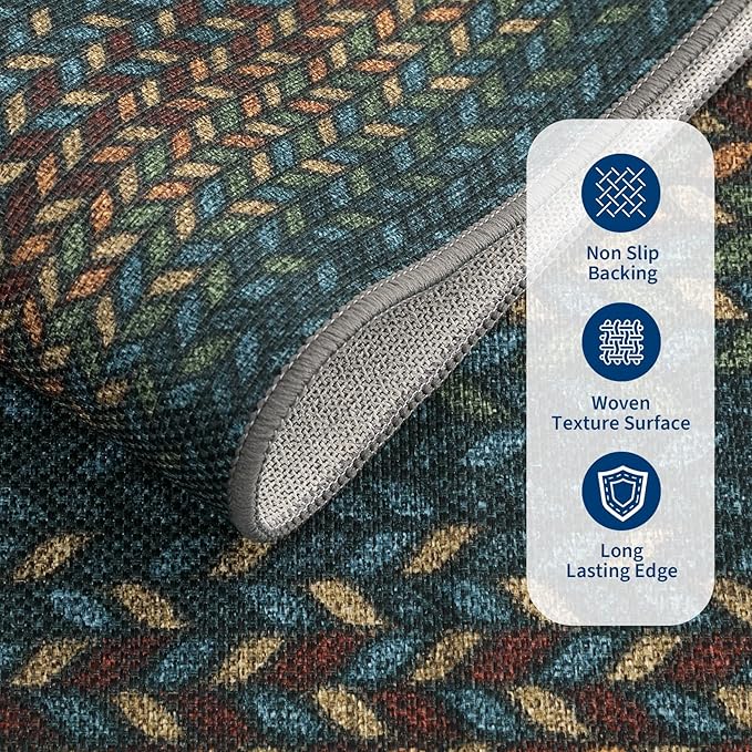 GarveeHome 8x10 Washable Living Room Area Rug Non Slip Braided Rugs | Low Pile Stain Resistant Dining Room Throw Carpet Indoor Outdoor Modern Bordered Area Rugs for Home Decor, Navy/Rust