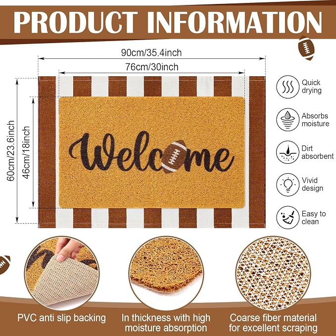 Geelin 2 Pcs Fall Front Door Mat Welcome Mat Outdoor Decorative Doormat Non Slip Buffalo Checkered Rug for Indoor Outdoor(Welcome Football)