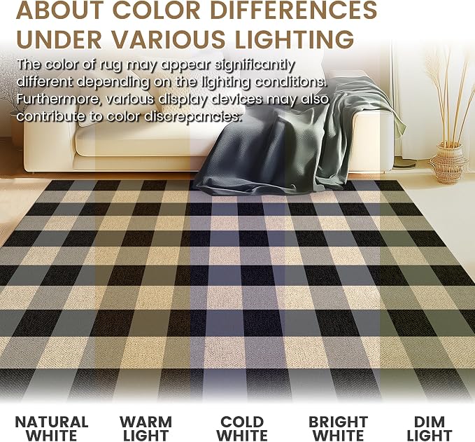 Washable Checkered Easy Jute Rug 3x5, Black Grey Plaid Checkerboard Boho Outdoor Indoor Patio Small Rugs, Woven Non Slip Thin Neutral Carpet Door Mat for Bedroom Entryway Front Door Farmhouse