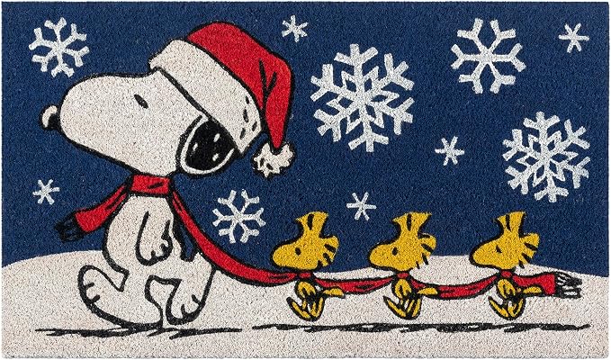 Gertmenian Peanuts Snoopy Coir Doormat - 2x3 Welcome Mat (2-Pack), Ideal for High Traffic Areas in Front Door, Garage, Entryway - Snowflake/Dog House Lights, 80004
