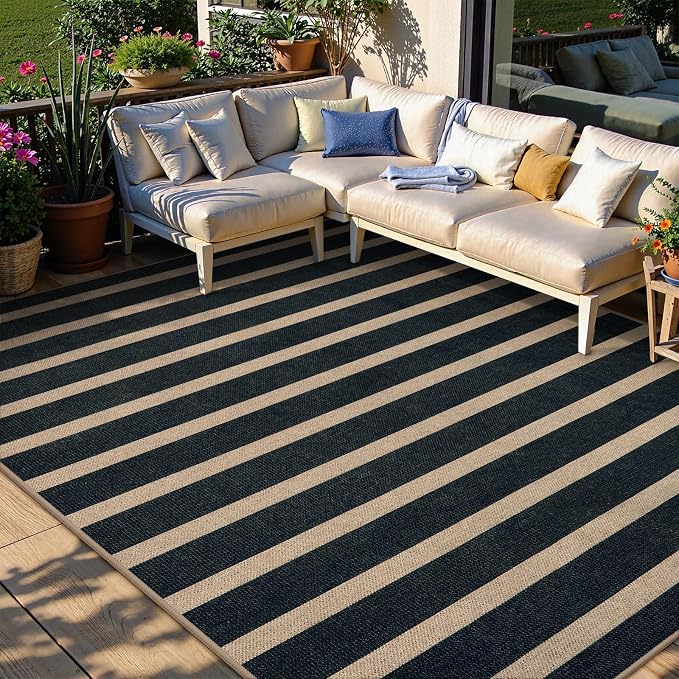 Lahome Striped Easy Jute 6x9 Area Rugs, Outdoor Patio Rug Washable Black | Porch Living Room Rug, Modern Farmhouse Neutral Non Slip Stain Resistance Indoor Carpet for Office Deck Classroom Dining Room