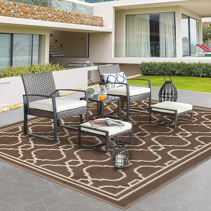 Garvee 9 x 12 Outdoor Rug Waterproof for Patio, Foldable Reversible Plastic Straw Area Rug, Large Mats for Camping, RV, Balcony, Deck, Picnic, Beach, Brown & Beige