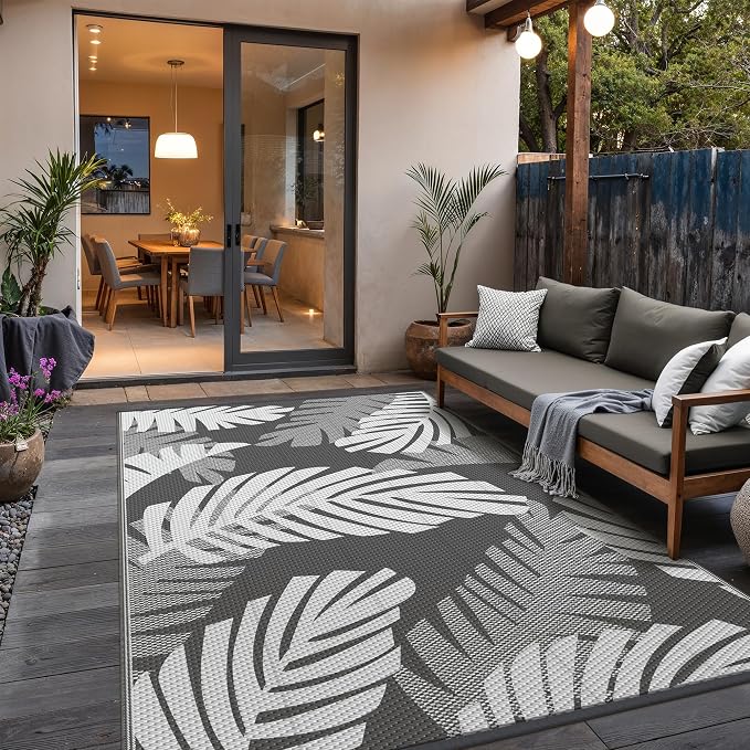 GENIMO Outdoor Rug, Waterproof Plastic Rugs for Patio, 6'x9' Grey White | Outside Larger Leaf Carpet Mat for Porch Decor, Deck, Balcony, Camping, RV, Backyard, Picnic, Beach, Reversible, Foldable