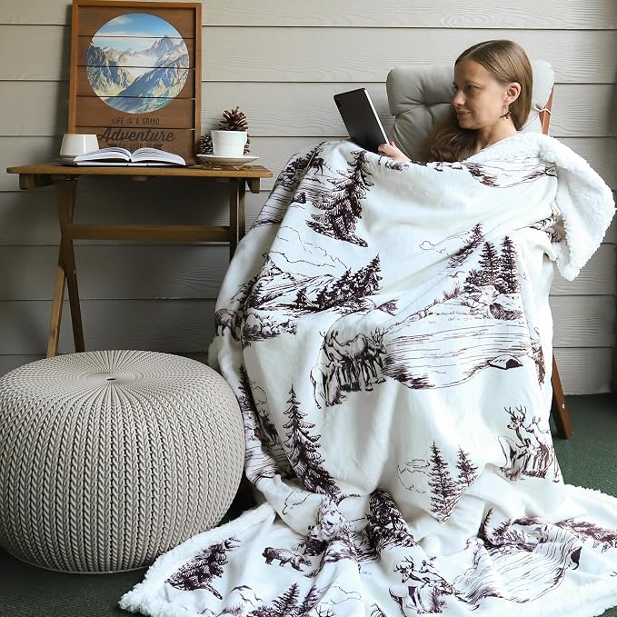 Paseo Road Indigo Hill by HiEnd Accents White Pine 54x68 Throw Blanket | Pine Tree Nature Mountain Print with Bear, Deer, and Elk, Western Cabin Lodge Rustic-Style Fleece Blanket for Camping