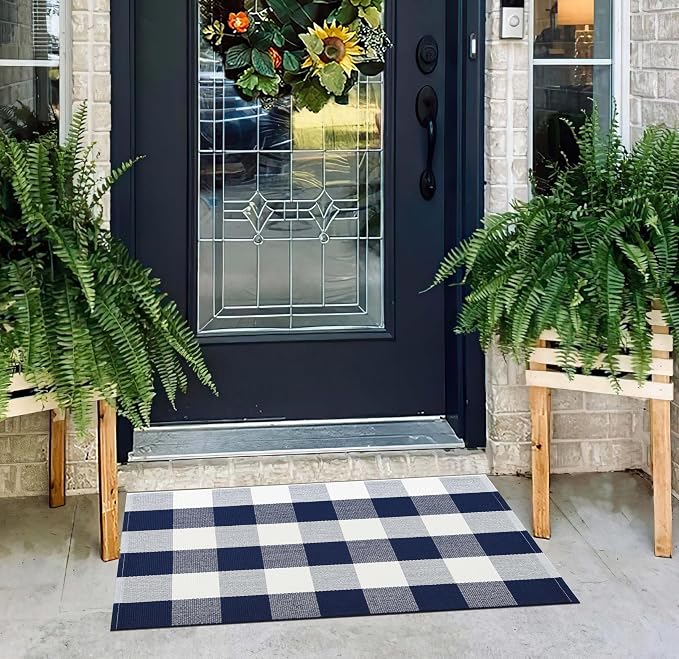 Blue and White Front Door Mat 24''X35'' Buffalo Plaid Checked Front Porch Rug Cotton Woven Washable Rug Layering Doormat for Welcome Door Mat Entryway Dining Room Bedroom Living Room