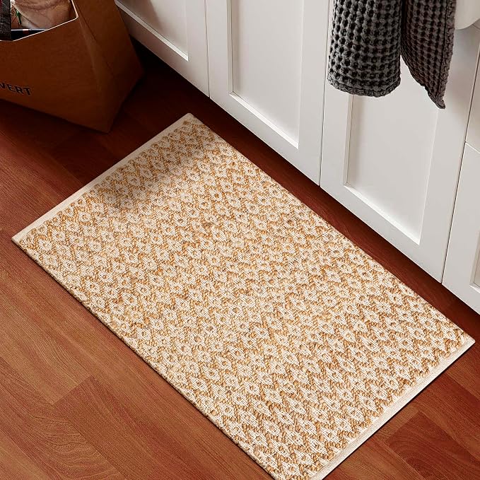 THE BEER VALLEY Jute Cotton Diamond Kitchen Rug 2x3 Feet - Natural White | Small Neutral Area Door mat for Entryway, Easy Clean Outdoor Indoor Boho Entry Rugs