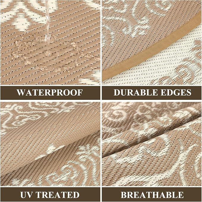 Pauwer Outdoor Rug 6ft, Waterproof Plastic Straw Camping Rug, Floral Brown | Reversible Patio Rug, UV Resistant Indoor Outdoor RV Mat Carpet For Deck, Camper, Porch, Balcony, Backyard, Picnic, Foldable