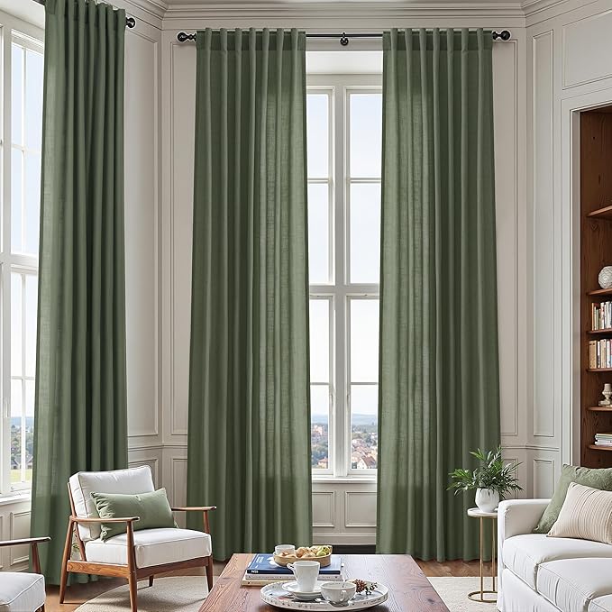 Olive Green Linen Curtains 72 Inch Length 2 Panel Set Back Tab Semi Sheer Light Filtering Breathability Short Curtain Farmhosue Country Style Bay Window for Living Room Bedroom 40x72