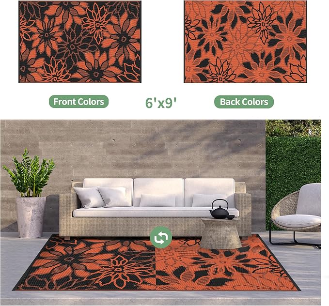 GENIMO Outdoor Rug Waterproof for Patio Decor, 6' x 9' Reversible Plastic Straw Floral Camping Carpet, Large Area Rugs Mats for RV, Camper, Deck, Balcony, Porch, Beach, Picnic, Black & Orange