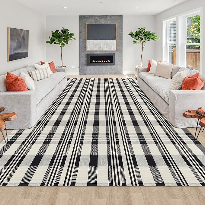 Buffalo Plaid Rug 8x10 Feet Cotton Woven Buffalo Check Area Rug Black and Off White Checkered Outdoor Washable Indoor Outdoor Carpets for Living Room Bedroom Farmhouse Patio