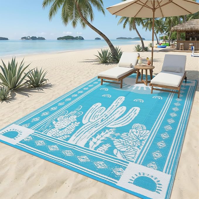 Garvee Reversible Teal Blue Outdoor Rug 8x10 for Patio, Waterproof Outdoor Area Rug, Modern Desert Botanical Indoor Outdoor Rugs, Plastic Straw Rug for RV, Camping, Deck, Cactus