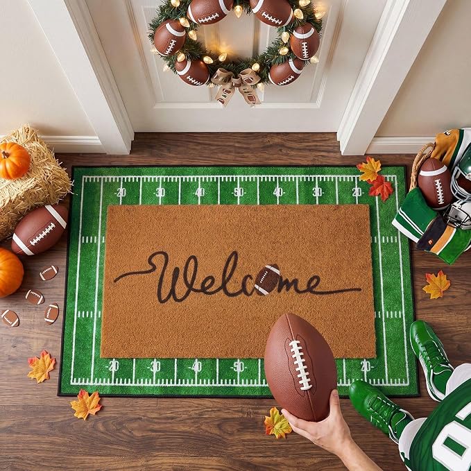 Moucuny 2 Pcs Football Doormat Outdoor, Welcome Coir Football Mat 16 x 28, Layered Green Decor Field Rugs 24 x 35, Non-Slip Sports Front Door Porch Entryway Decor for Man Cave, Game Day, Home Gym