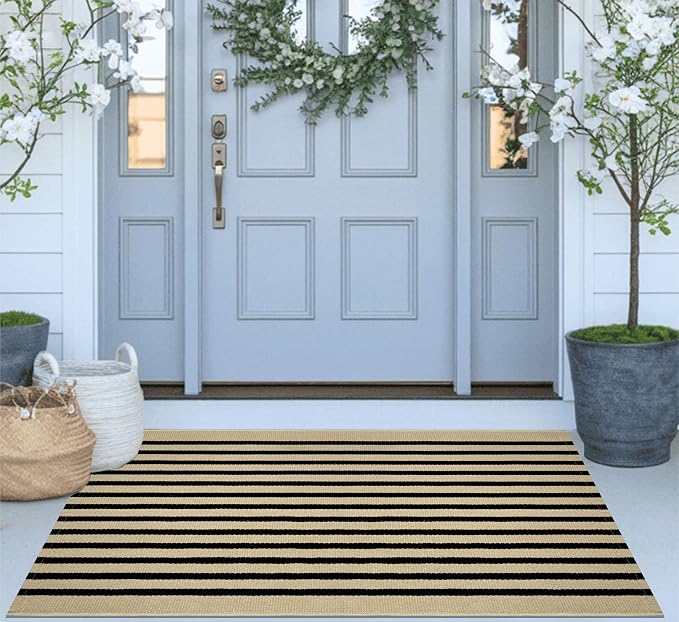 Layered Doormat 2.3'x3.6,Black and Tan Machine Washable Porch Rug Cotton Woven Striped Farmhouse Small Area Rug for Porch/Home Entrace Decor/Bedroom/Layered Door Mats