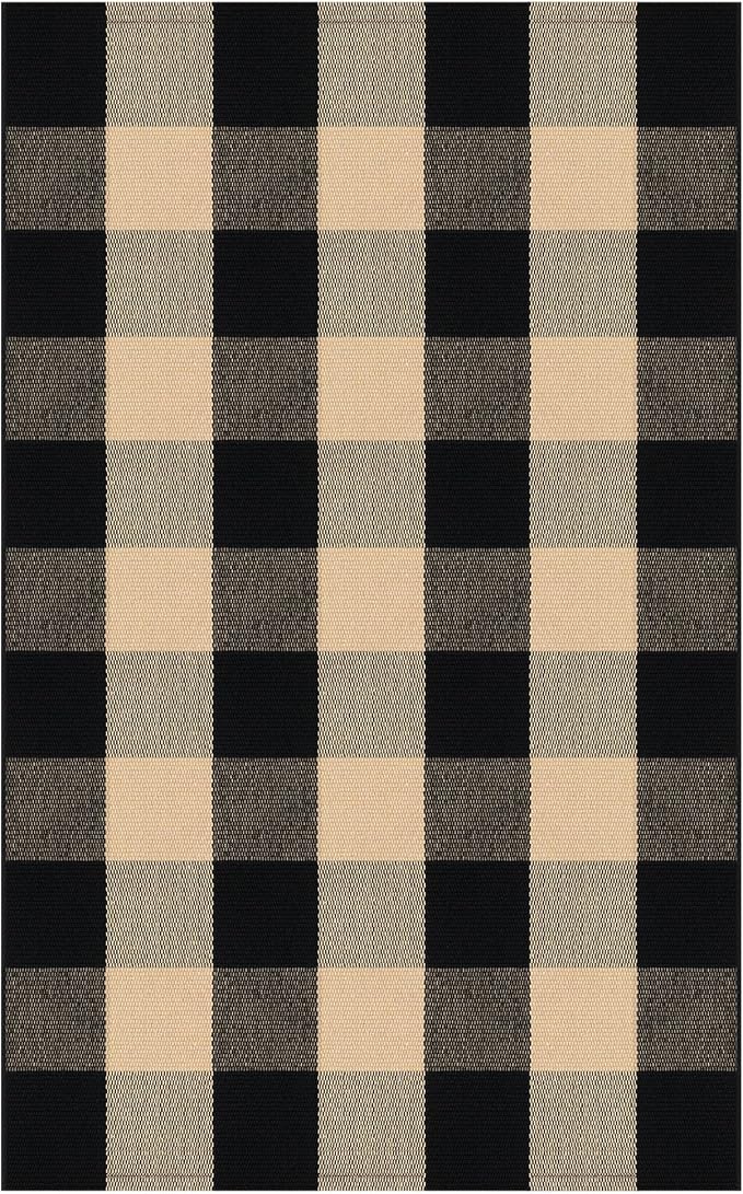 KOZYFLY Buffalo Plaid Area Rugs 27.5x43 Inches Brown and Black Checkered Rug Washable Front Door Mat Hand Woven Cotton Outdoor Rugs Small Rug for Front Porch Kitchen Entryway Patio Bathroom