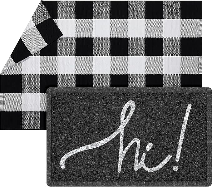 Geelin 2 Pcs 30'' x 18'' Doormat 43'' x 27.5'' Black and White Layered Rug for Front Door Mat Outside Entrance Welcome Door Mats for Indoor Outdoor Entryway Porch Decor(Hi)