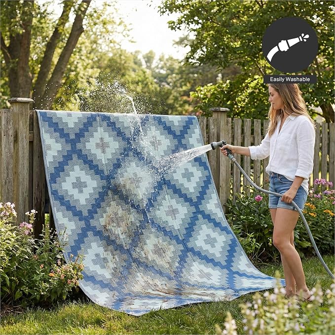 FH Home Outdoor Camping Rug - Waterproof, Fade Resistant, Reversible - Premium Recycled Plastic - Geometric - Large Patio, Deck, Sunroom, RV - Aztec Kilim - Blue Multi - 9 x 12 ft Foldable