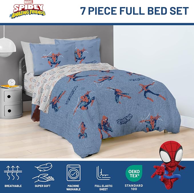 Marvel Spiderman Full Comforter Set 7 Piece Bedding for Boys, Blue | Bed in a Bag, Comforter Sheets Shams Pillowcases, Official Product, Soft Microfiber, Machine Washable, Boys Gift