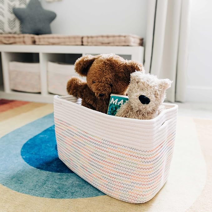 OrganiHaus Rainbow Basket for Shelf Storage, 15x9x10 | Colorful, handwoven cotton rope; a toy bin for playroom, classroom, or girls' room decor; great for nursery too