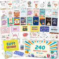 feela Birthday Cards Bulk, 240 Pack 40 Designs Happy Birthday Card Assortment Box with 240 Blank Envelopes, 252 Pieces of Stickers, 9 Washi Tapes, Greeting Cards for Employees Family, 4” X 6”