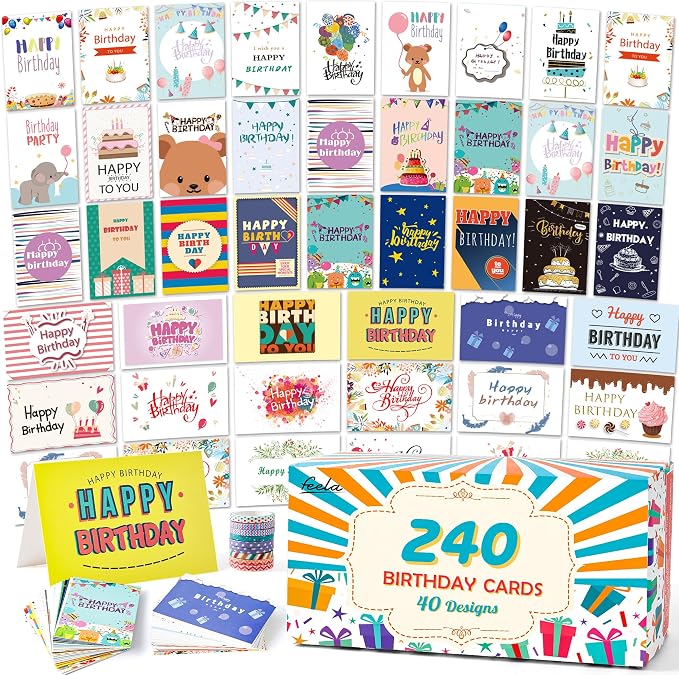 feela Birthday Cards Bulk, 240 Pack 40 Designs Happy Birthday Card Assortment Box with 240 Blank Envelopes, 252 Pieces of Stickers, 9 Washi Tapes, Greeting Cards for Employees Family, 4” X 6”