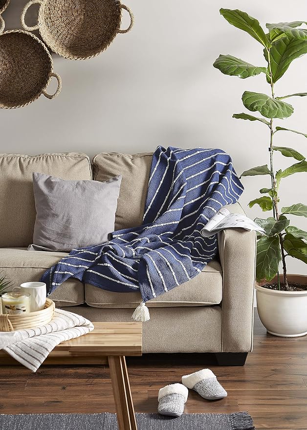DII Striped Throw Collection Cotton Slub, Hand-Tied Tassels, 50x70, French Blue & Off-White