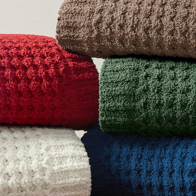 Madison Park Rowan Sherpa Throw Blanket Waffle Weave, 50 x 60, Ivory | Cozy Warmth for Sofa or Bed, Reversible, Lightweight, Farmhouse, OEKO-TEX Certified