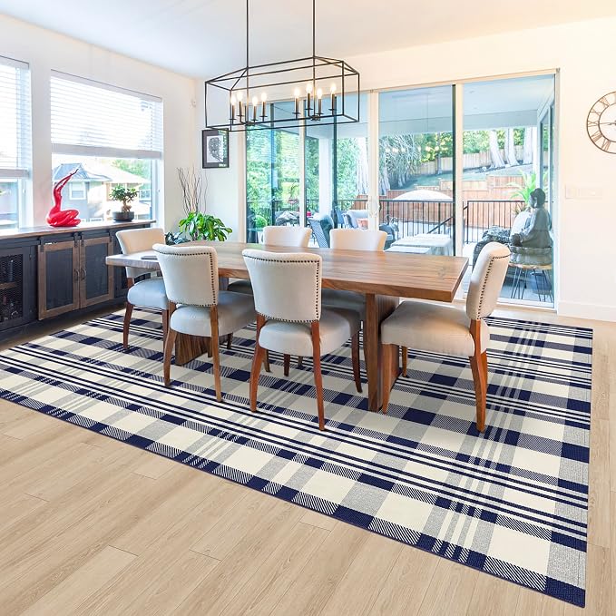Buffalo Plaid Rug 6x9 Cotton Woven Rug Navy and Off White Checkered Buffalo Check Carpet Home Decor Washable Indoor Outdoor Area Rug for Living Room Bedroom Dining Patio Farmhouse