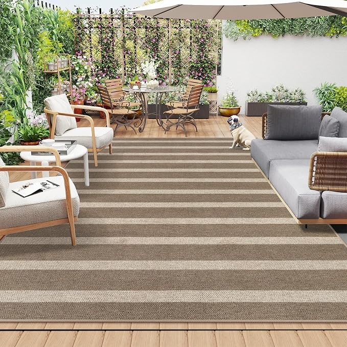 Lahome Striped Easy Jute Outdoor Porch Rug, 5x7 Dining Room Washable Rugs | Patio Area Rug, Modern Farmhouse Neutral Non Slip Stain Resistance Indoor Carpet for Office Deck Classroom Living Room, Khaki
