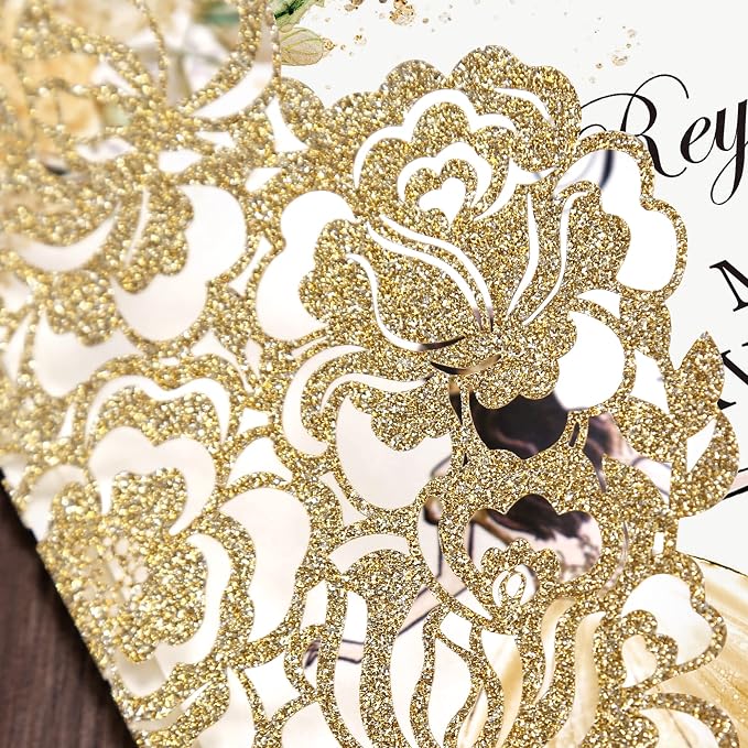 DORIS HOME 50Pcs Personalized Laser Cut Quinceanera Invitations, Gold | 4.7"x7.1", Glitter, Customized Quince Invitations, For 15th Birthday, Sweet 16, With Envelopes
