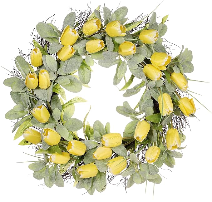 24" Artificial Tulip Floral Spring Wreath with Green Leaves