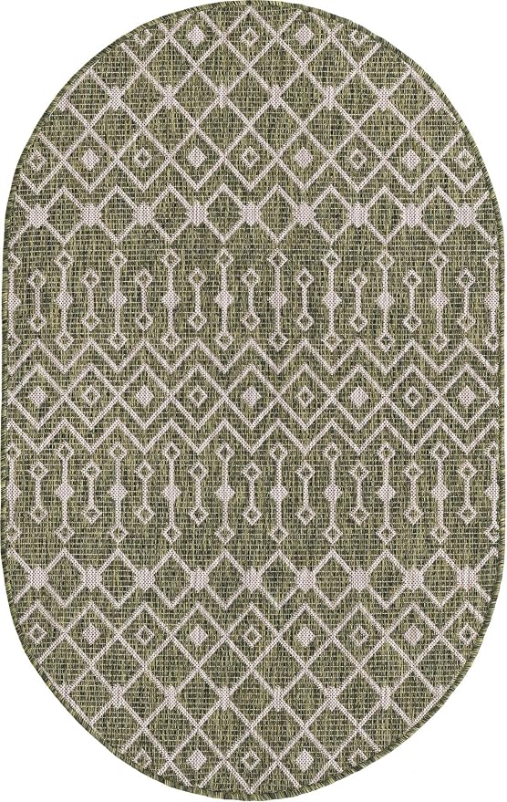Unique Loom Outdoor Trellis Collection Area Rug - Tribal Trellis (3' 3" x 5' 3" Oval, Green/ Natural)