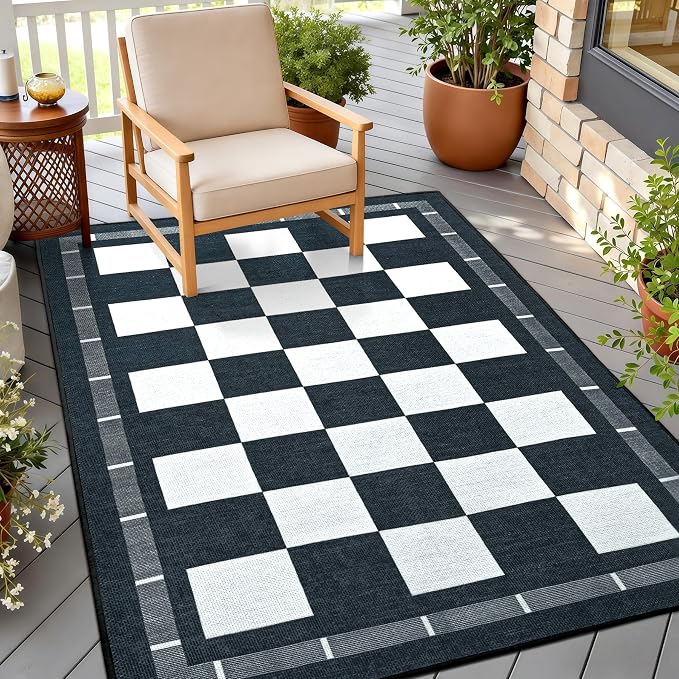 Vasofe Plaid 3x5 Outdoor Patio Rug,Washable Jute Checkered Entryway Rugs | Black and White Indoor Bedroom, Farmhouse Neutral Front Door Mat,Modern Carpet for Porch Patio Balcony Kitchen