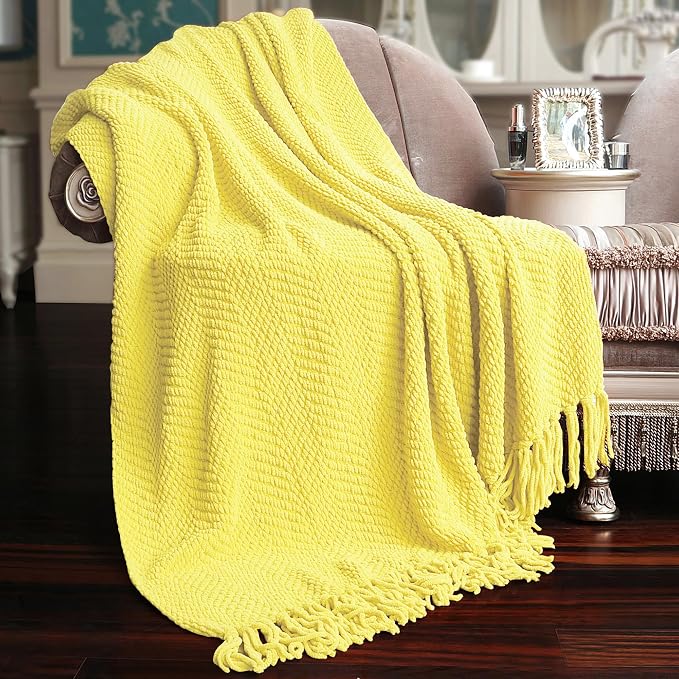 Home Soft Things Yellow Throw Blanket Knitted Tweed Throw 50'' x 60'', Sunshine Yellow, Super Soft Cozy Warm Comfortable Breathable Throw for Living Room Chair Couch Bed Sofa Bedroom Home Décor