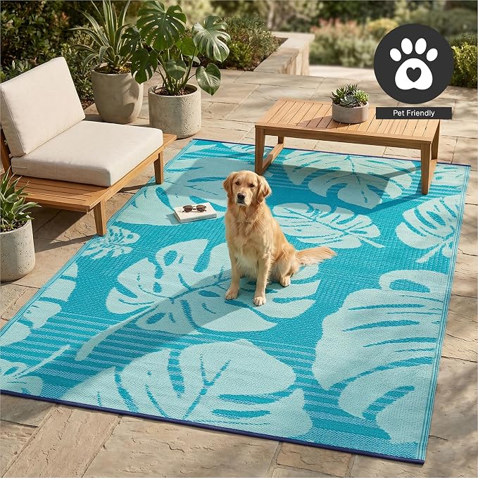 FH Home Outdoor Rug - Waterproof, Fade Resistant, Reversible - Premium Recycled Plastic - Tropical, Botanical - Patio, Deck, Porch, Balcony - Hana Leaves - Blue Crease Free - 5 x 8 ft
