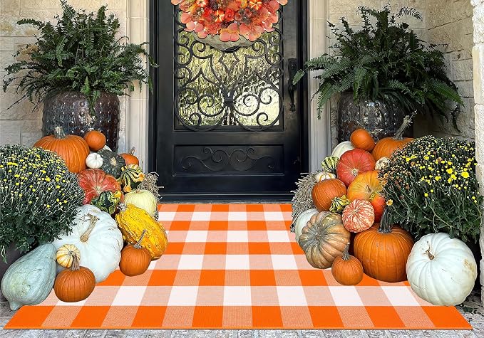3'x5' Outdoor Rug,Halloween Orange White Front Porch Mat Farmhouse Cotton Washable Layering Rug Checkered Area Rug for Porch,Entryway,Layered Doormat,Indoor,Outdoor,Halloween,Fall