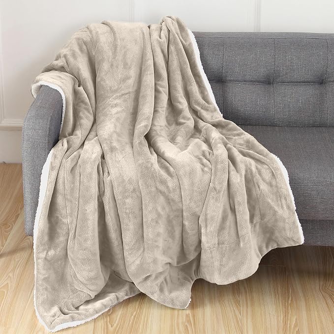Elegant Comfort Throw Blanket, Reversible Sherpa Flannel, Ultra-Soft, Fuzzy, Cozy and Plush- All Season Lightweight Decorative Throw, 50 x 60 inches, Solid Sherpa Throw, Cream