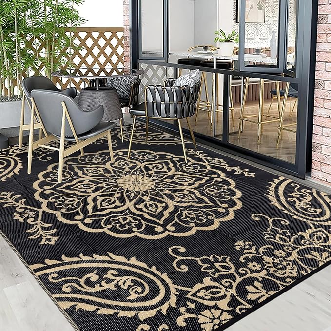 Pauwer Outdoor Rug 8x10, Waterproof Plastic Camping Rug, Boho Black Brown | Reversible Patio Rug, UV Resistant Indoor Outdoor RV Mat Carpet For Deck, Camper, Porch, Balcony, Backyard, Picnic, Foldable