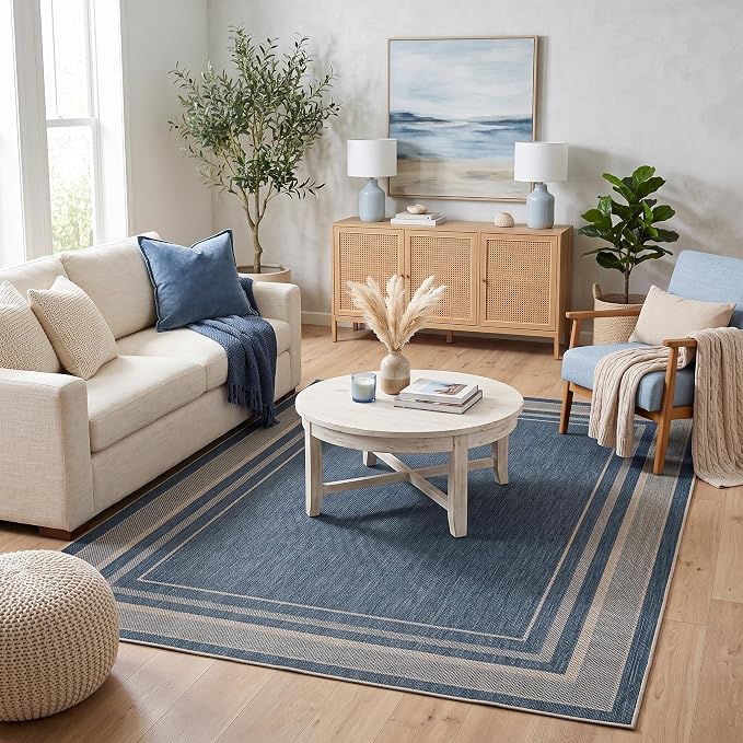 GarveeHome Easy Jute Rug 8x10 Washable Non Slip Solid Blue Living Room Rugs | Modern Easy Jute Living Room Rugs Neutral Bordered Stain Resistant Indoor Throw Carpet for Nursery Kitchen Entryway, Blue