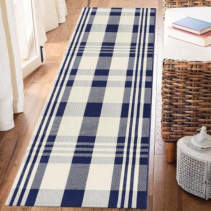 Buffalo Plaid Runner Rug Navy and Off White 2x6 Hallway Cotton Woven Rug Farmhouse Checkered Runner Rug Washable Runners for Entryway Kitchen Laundry Room Bedroom Living Room