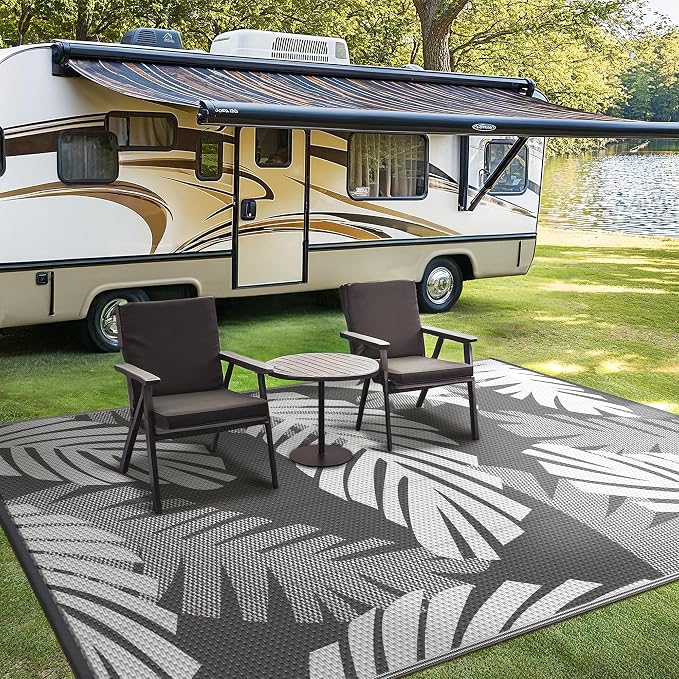 GENIMO Outdoor Rug, Waterproof Plastic Rugs for Patio, 6'x9' Grey White | Outside Larger Leaf Carpet Mat for Porch Decor, Deck, Balcony, Camping, RV, Backyard, Picnic, Beach, Reversible, Foldable