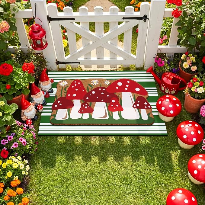 Tinideya 2 Pcs Mushroom Door Mat Welcome Non Slip Coir Mats Floor Layering Green and White Stripe Doormats Seasonal for Front Porch Entryway Decor(23.6 x 35.4 Inches, Mushroom, Green Red)