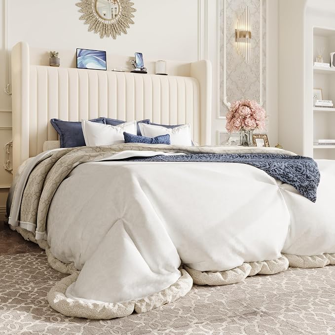 SHA CERLIN Full Size Velvet Bed Frame with Shelf, Charging Station, Cream | Wingback Storage Headboard, Upholstered Platform Bed, Wooden Slats Support, No Box Spring Needed, Easy Assembly, Noise Free