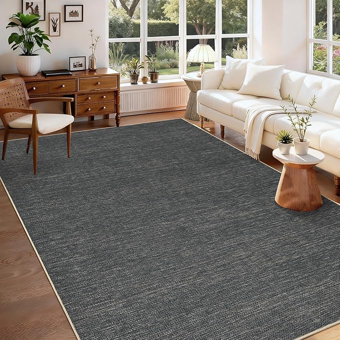 GarveeHome 9x12 Large Area Rug for Living Room Easy Jute Modern Rugs | Non Slip Low Pile Neutral Bordered Solid Tan Dining Room Rugs Washable Carpet for Bedroom Home Office Decor, Grey