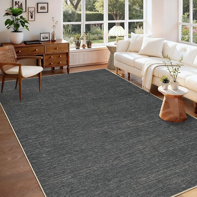 GarveeHome 5x7 Washable Rug for Bedroom Solid Easy Jute Living Room Rugs | Non Slip Modern Neutral Bordered Stain Resistant Indoor Throw Carpet for Nursery Kitchen Dining Room Entryway, Grey