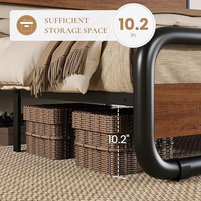 SHA CERLIN King Size Metal Bed Frame with Wooden Headboard and Footboard, Heavy Duty Platform Bed Frame with 10" Under-Bed Storage, Noise-Free, No Box Spring Needed, Vintage Walnut
