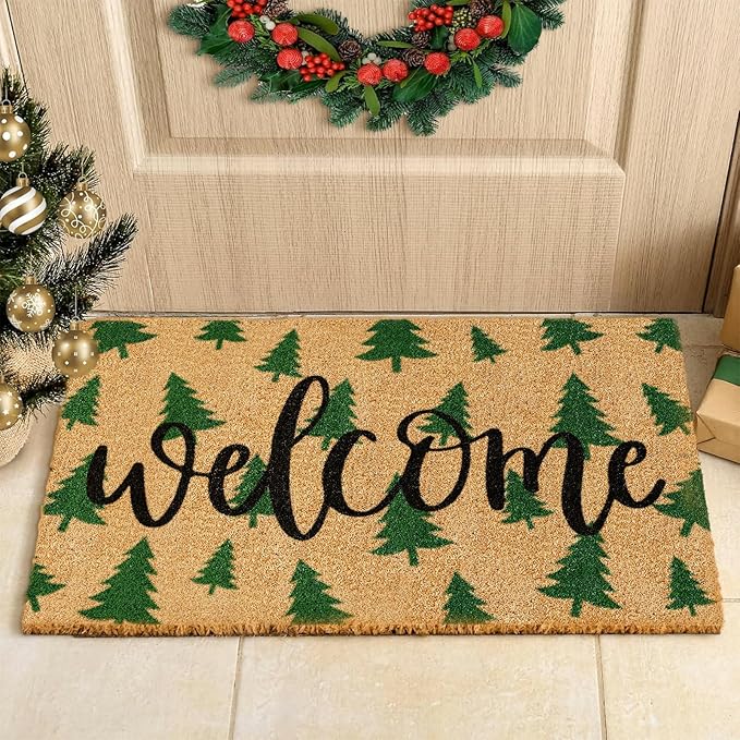 JarThenaAMCS Christmas Tree Door Mat 16.5 x 29 Inch Christmas Coir Doormat Green Xmas Tree Welcome Floor Mat Non-Slip Entrance Door Rugs for Indoor Outdoor Bathroom Decor