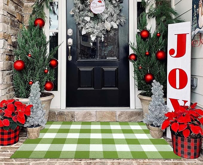 Buffalo Plaid Outdoor Rug 27.5''x 43.3''Green and White Checkered Rug Cotton Machine Washable Farmhouse Mat for Outdoor, Kitchen, Farmhouse, Entryway,Bathroom