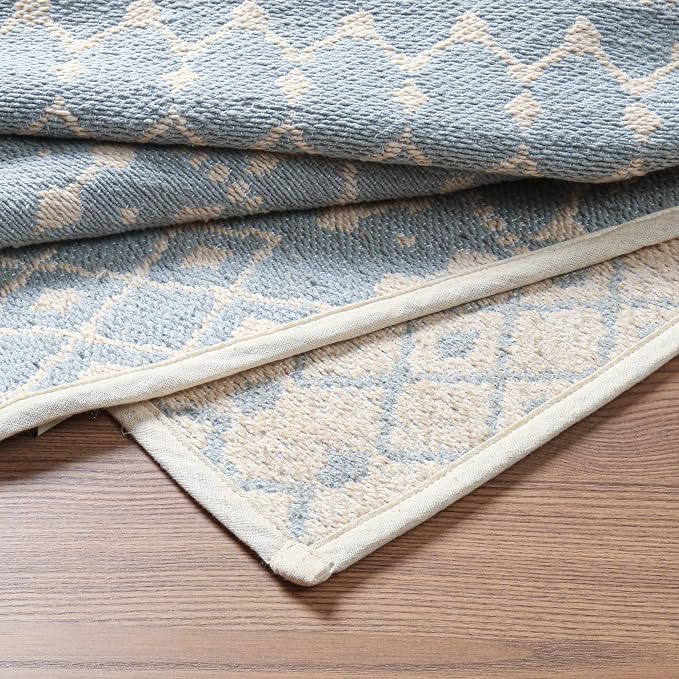 THE BEER VALLEY Moroccan Kitchen Runner Rug 27x45 Inch - Spa Blue | Non Slip Cotton Woven Rugs for Laundry Room, Washable Boho Outdoor Area Runners
