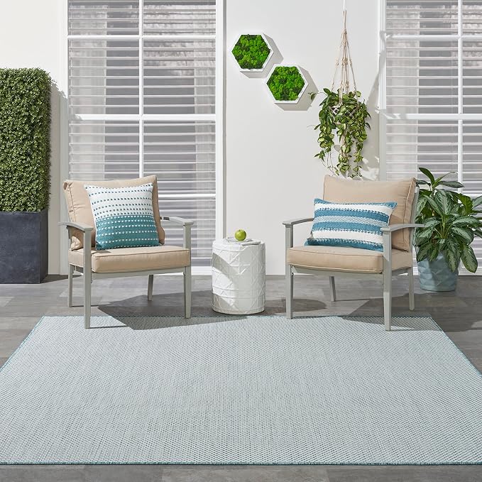 Nourison Home Courtyard Ivory Aqua 8' x Square Area Rug - Easy Clean, Non Shedding, Bed Room, Living Room, Dining Room, Kitchen (8' x Square)